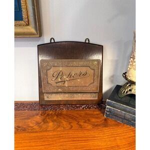 Antique Oak Paper Holder with Brass Front
